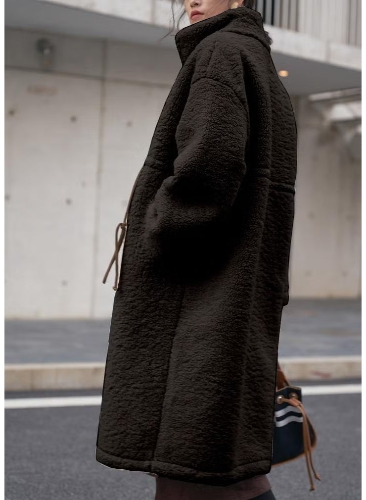 Barbora Plush Waist Laced Winter Women's Zippered Lined Furry Jacket WS02BLACK2 - Image 2